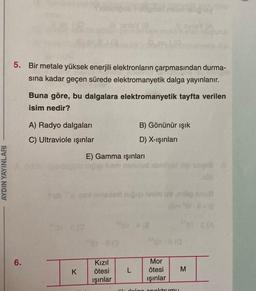 5. Bir metale yüksek enerjili elektronların çarpmasından durma-
sına kadar geçen sürede elektromanyetik dalga yayınlanır.
Buna göre, bu dalgalara elektromanyetik tayfta verilen
isim nedir?
A) Radyo dalgaları
B) Gönünür ışık
C) Ultraviole işinlar
D) X-ışınları
E) Gamma ışınları
conths
AYDIN YAYINLARI
non
or lo
6.
K
Kızıl
ötesi
işinlar
L
Mor
ötesi
işinlar
M
alan onoltrumu
