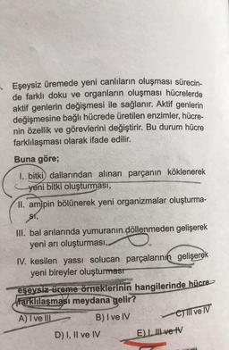 .. Eşeysiz üremede yeni canlıların oluşması sürecin-
de farklı doku ve organların oluşması hücrelerde
aktif genlerin değişmesi ile sağlanır. Aktif genlerin
değişmesine bağlı hücrede üretilen enzimler, hücre-
nin özellik ve görevlerini değiştirir. Bu durum hücre
farklılaşması olarak ifade edilir.
Buna göre;
I. bitki) dallarından alınan parçanın köklenerek
cyeni bitki oluşturması,
II. amipin bölünerek yeni organizmalar oluşturma-
St,
III. bal arılarında yumuranın döllenmeden gelişerek
yeni arı oluşturması,
IV. kesilen yassı solucan parçalarının gelişerek
yeni bireyler oluşturmast
eşeysiz üreme örneklerinin hangilerinde hücre
farklılaşması meydana gelir?
A) Ive III
B) Ive IV
D) I, II ve IV EI, III ve tv
Chill ve IV