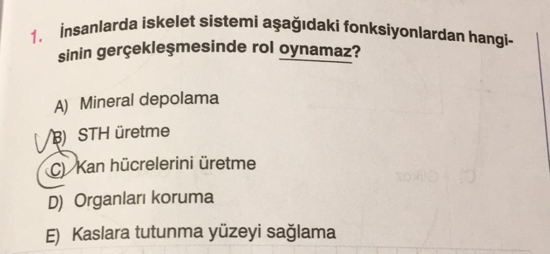 1. İnsanlarda iskelet sistemi aşağıdaki fonksiyonlardan hangi-
sinin gerçekleşmesinde rol oynamaz?
A) Mineral depolama
UB) STH üretme
kan hücrelerini üretme
D) Organları koruma
E) Kaslara tutunma yüzeyi sağlama
