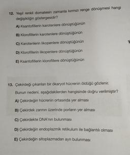 12. Yeşil renkli domatesin zamanla kırmızı renge dönüşmesi hangi
değişikliğin göstergesidir?
A) Ksantofillerin karotenlere dönüştüğünün
B) Klorofillerin karotenlere dönüştüğünün
C) Karotenlerin likopenlere dönüştüğünün
D) Klorofillerin likopenlere dönüştüğünün
E) Ksantofillerin klorofillere dönüştüğünün
13. Çekirdeği çıkarılan bir ökaryot hücrenin öldüğü gözlenir.
Bunun nedeni, aşağıdakilerden hangisinde doğru verilmiştir?
A) Çekirdeğin hücrenin ortasında yer alması
B) Çekirdek zarının üzerinde porların yer alması
C) Çekirdekte DNA'nın bulunması
D) Çekirdeğin endoplazmik retikulum ile bağlantılı olması
E) Çekirdeğin sitoplazmadan ayrı bulunması
