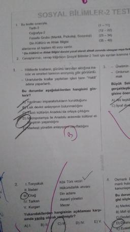 SOSYAL BİLİMLER-2 TEST
1 Bu testte sırasıyla
Tarih 2
(1-11)
Coğrafya-2
(12-22)
Felsefe Grubu (Mantik, Psikoloji, Sosyoloji) (23 - 34)
Din Kültürü ve Ahlak Bilgisi
(35-40)
alanlarına ail toplam 40 soru vardır.
Din Kültürü ve Ahlak Bilgisi dersini yasal olarak almak zorunda olmayan veya farm
2. Cevaplarınızı, cevap kâğıdıon Sosyal Bilimler-2 Testi için ayrılan kısmına
3.
Üretimin
Ordunun
mak
Hititlerde kralların, gücünü tanndan aldığına ina
nilir ve emirleri tannnin emriymiş gibi görülürdü.
Urartularda krallar yaptıkları işleri tanrı "Haldi”
adına yaparlardi.
Bu durumlar aşağıdakilerden hangisini gös-
terir?
Al Yayılmaci imparatorlukların kurulduğunu
By Laik devlet anlayışının bulunmadığını
Sazılı kültürün Anadolu'da ortaya çıktığını
D) Mezopotamya ile Anadolu arasında kültürel et-
Xileşimin yaşandığını
E Merkezi yönetim anlayışıpın zayıfladığını
Büyük Selo
gerçekleştir
gisine önen
Al Ahi teşkil
C) Işraf diye
karelölt
4.
2.
Osmanlı [
manlı huku
kanunlaşn
1. Tonyukuk
Kök Türk veziri
11. Viteber
Hükümdarlik unvanı
IH.Otağ
Din adamı
IV. Tarkan
Askeri yönetici
V. Kurgan
Mezar
Yukarıdakilerden hangisinin açıklaması karşı-
sinda yanlış olarak
verilmiştir?
B) C)
D) IV
E) V.
Bu durun
gisi söyle
A) Merkez
B) Mali iş
C) Devlet
D) Divani
E) Eyalet
A) 1.