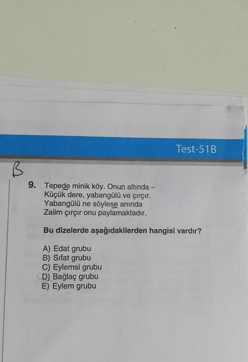 Test-51B
9. Tepede minik köy. Onun altında -
Küçük dere, yabangülü ve çırçır.
Yabangülü ne söylese anında
Zalim çırçır onu paylamaktadır.
Bu dizelerde aşağıdakilerden hangisi vardır?
A) Edat grubu
B) Sifat grubu
C) Eylemsi grubu
D) Bağlaç grubu
E) Eylem gr