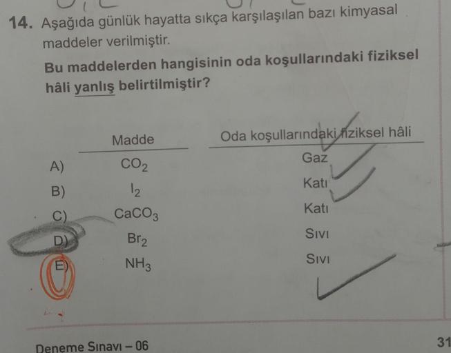 14. Aşağıda günlük hayatta sıkça karşılaşılan bazı kimyasal
maddeler verilmiştir.
Bu maddelerden hangisinin oda koşullarındaki fiziksel
hâli yanlış belirtilmiştir?
Madde
Oda koşullarındaki fiziksel hâli
Gaz
A
)
CO2
Kati
B)
Kati
C)
12
CaCO3
Brz
NH3
Sivi
D)
