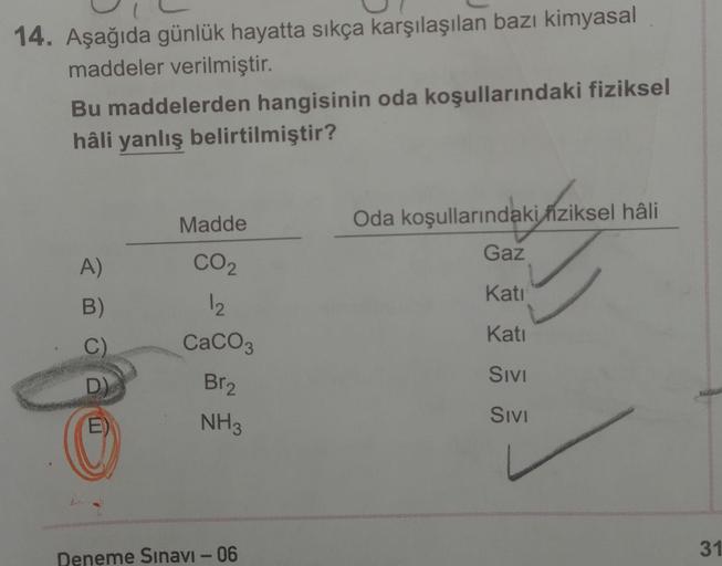 14. Aşağıda günlük hayatta sıkça karşılaşılan bazı kimyasal
maddeler verilmiştir.
Bu maddelerden hangisinin oda koşullarındaki fiziksel
hâli yanlış belirtilmiştir?
Madde
Oda koşullarındaki fiziksel hâli
Gaz
A
)
CO2
Kati
B)
Kati
C)
12
CaCO3
Brz
NH3
Sivi
D)
