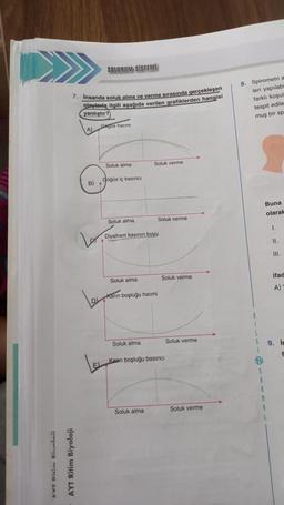 SOLUNUM SİSTEMİ
7. insanda soluk alma ve verme sırasında gerçekleşen
Olaylarla ilgili asagida verilen grafiklerden hangisi
yanlıştır?
Gegus hacmi
8. Spirometria
leri yapılab
farklı koşul
tespit edile
muş bir sp
A)
Soluk alma
Soluk verme
Gögüs iç basinca
B)
Buna
olarak
Soluk alma
Soluk verme
1.
La
Diyafram kasının boyu
11.
111.
Soluk verme
ifad
Soluk alma
A)
D karın boşluğu hacmi
Soluk alma
Soluk verme
9. It
Kanin boşluğu basıncı
S
M
Soluk alma
Soluk verme
AVT Di Rialai
AYT Ritim Biyoloji