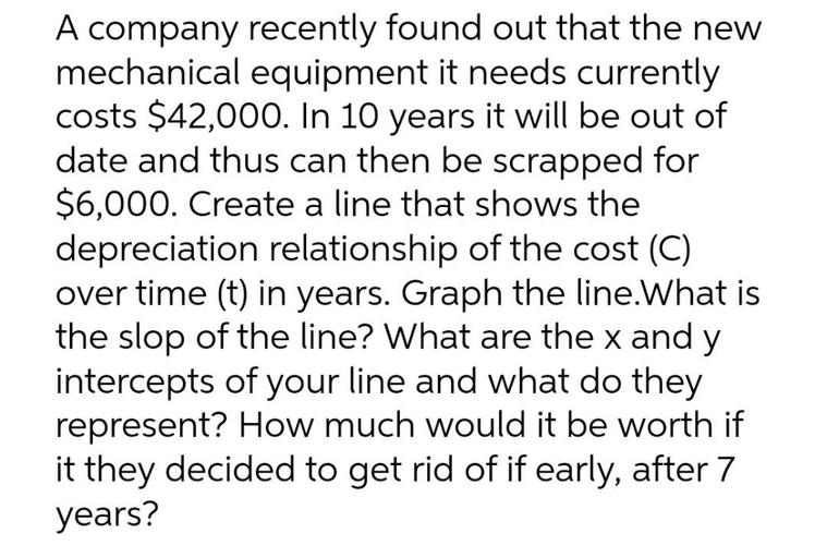 A company recently found out that the new mechanical equipment it needs currently costs $42,000. In 10 years it will be out of date and thus can then be scrapped for $6,000. Create a line that shows the depreciation relationship of the cost (C) over time (t) in years. Graph the line. What is the slop of the line? What are the x and y intercepts of your line and what do they represent? How much would it be worth if it they decided to get rid of if early, after 7 years?