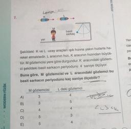 AYDIN YA
saree
7.
K
M
basit
sarkaç
yer
Yer
car
pe
BI
C
Şekildeki K ve L uzay araçları ışık hızına yakın hızlarla ha-
reket etmektedir. L aracının hızı, Karacının hızından büyük-
tür. M gözlemcisi yere göre durgundur. K aracındaki gözlem-
şekildeki basit sarkacin periyodunu 4 saniye ölçüyor.
Buna göre, M gözlemcisi ve L aracındaki gözlemci bu
basit sarkacin periyodunu kaç saniye ölçebilir?
p
M gözlemcisi
L deki gözlemci
C
4
• MODERN FİZİK
A)
3
5
B)
3
Cisch
CK
4
D)
5
4
E)
5