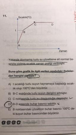 JLIN
11.
Sıcaklık(°C)
C
D
t
B
A
Zaman
Yukarıda doymamış tuzlu su çözeltisine ait normal ba-
sincta çizilmis sicaklik zaman grafiği verilmiştir.
Buna göre grafik ile ilgili verilen asağıdaki ifadeler-
den hangisi yanlıştır?
A) t sıcaklığı tuzlu suyun kaynamaya başladığı sıcak-
lik olup 100°C'den büyüktür.
B) B-C aralığında tuzlu suyun derişimi artmıştır.
C) C noktasında tuzlu su doygunluğa ulaşmıştır.
D)') B-D arasında buhar basıncı sabittir. X
E) B noktasındaki çözeltinin buhar basinci 100°C de-
ki suyun buhar basıncından büyüktür.
fo
$00 Mlimityayinlari