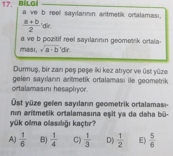 17. BİLGİ a ve b reel sayılarının aritmetik o... Lise Matematik