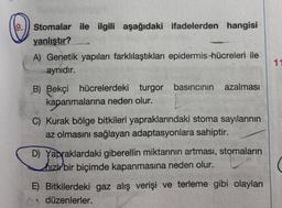 19.)) Stomalar ile ilgili aşağıdaki ifadelerden hangisi
yanlıştır?
A) Genetik yapıları farklılaştıkları epidermis hücreleri ile
aynıdır.
11
azalması
B) Bekçi hücrelerdeki turgor basıncının
kapanmalarına neden olur.
C) Kurak bölge bitkileri yapraklarındaki stoma sayılarının
az olmasını sağlayan adaptasyonlara sahiptir.
D) Yapraklardaki giberellin miktarının artması, stomaların
hızl bir biçimde kapanmasına neden olur.
Yapra
E) Bitkilerdeki gaz alış verişi ve terleme gibi olayları
düzenlerler.
