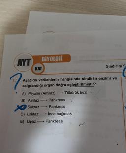 BİYOLOJİ
AYT
Sindirim S
KAT
Aşağıda verilenlerin hangisinde sindirim enzimi ve
salgılandığı organ doğru eşleştirilmiştir?
A) Pityalin (Amilaz) Tükürük bezi
B) Amilaz Pankreas
Sükraz
Pankreas
D) Laktaz
İnce bağırsak
E) Lipaz
Pankreas
