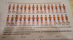 3.
Bir futbol takımında sezon başında bulunan futbolcular isimleri ile birlikte aşağıdaki görselde verilmiştir.
Todo
Can
Ali
Berk Burak Yusuf Kerim Sinan Engin Murat Ahmet
Ali
Arda Kemal Deniz Demir
dando
Tallalla
Ali Cemal Ahmet Ziya Metin Ahmet Berke Arda Yaşar Gökçe Deniz Emir Emre Barış Barış
Takımda futbolcu sayısını azaltmak için bazı futbolcular başka takımlara kiralık olarak gönderilmiş ve kalan
futbolculardan bir tanesi kaptan olarak seçilmiştir.
Seçilen takım kaptanının isminin Ahmet olma olasılığı olduğuna göre takımdan gönderilen futbolcu
sayısı aşağıdakilerden hangisi olabilir?
A) 9
B) 10
C) 11
D) 12
