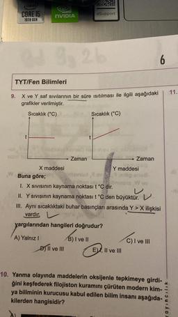 de
CORE IS
NVIDIA
e Support
10TH GEN
32
6
TYT/Fen Bilimleri
11.
9. X ve Y saf sıvılarının bir süre isıtılması ile ilgili aşağıdaki
grafikler verilmiştir.
Sıcaklık (°C)
Sıcaklık (°C)
t
→ Zaman
→ Zaman
Y maddesi
X maddesi
Buna göre;
W
I. X sivisinin kaynama noktası t °C dir.
11. Y sivisinın kaynama noktası tºc den büyüktür. v
III. Aynı sıcaklıktaki buhar basınçları arasında Y> X ilişkisi
vardır. V
yargılarından hangileri doğrudur?
A) Yalnız! B) I ve II
D) II ve III
C) I ve III
c)
EV, II ve III
10. Yanma olayında maddelerin oksijenle tepkimeye girdi-
ğini keşfederek filojiston kuramını çürüten modern kim-
ya biliminin kurucusu kabul edilen bilim insanı aşağıda-
kilerden hangisidir?
cilik
