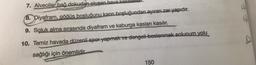 7. Alveoller bağ dokudan oluşan hava keselelull.
4
8. Diyafram, göğüs boşluğunu karın boşluğundan ayıran. zar yapıdır.
9. Soluk alma sırasında diyafram ve kaburga kasları kasılır.
10. Temiz havada düzenli spor yapmak ve dengeli beslenmek solunum yolu
sağlığı için önemlidir
150
