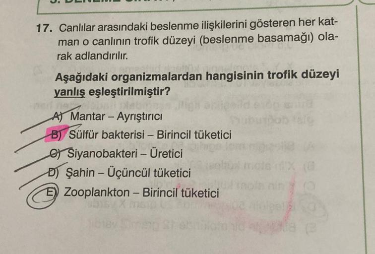 17. Canlılar arasındaki beslenme ilişkilerini gösteren her kat-
man o canlının trofik düzeyi (beslenme basamağı) ola-
rak adlandırılır.
Aşağıdaki organizmalardan hangisinin trofik düzeyi
yanlış eşleştirilmiştir?
ha
Al Mantar - Ayrıştırıcı
B) Sülfür bakteri