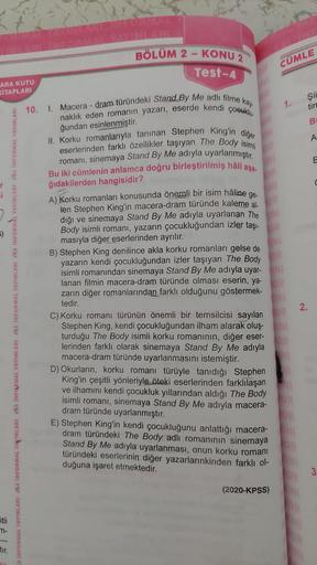 CÜMLE Şii 1. tire B A BÖLÜM 2 KONU 2 Test4 AR… Lise Türkçe