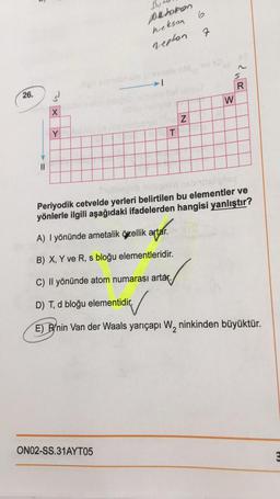 6
Bu
Ochoton
hekson
neplon
oculo
S
R
26.
s
W
X
Z
T
Y
II
Periyodik cetvelde yerleri belirtilen bu elementler ve
yönlerle ilgili aşağıdaki ifadelerden hangisi yanlıştır?
A) I yönünde ametalik özellik artar.
B) X, Y ve R, s bloğu elementleridir.
C) Il yönünde atom numarası artar.
D) T, d bloğu elementidir.
E) R'nin Van der Waals yarıçapı W, ninkinden büyüktür.
ONO2-SS.31AYT05
3
