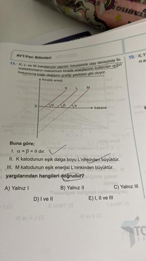 WÁVE
AYT/Fen Bilimleri
15. X, Y
ni a
13. K L ve M katotlarıyla yapılan fotoelektrik olay deneyinde fo-
frekansına bağlı değişimi grafiği şekildeki gibi oluyor.
toelektronların maksimum kinetik enerjilerinin kullanılan işığın
+ Kinetik enerji
K
L
M
IB
o
→ f