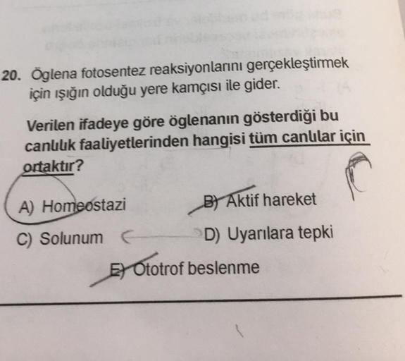 20. Öglena fotosentez reaksiyonlarını gerçekleştirmek
için ışığın olduğu yere kamçısı ile gider.
Verilen ifadeye göre öglenanın gösterdiği bu
canuuk faaliyetlerinden hangisi tüm canlılar için
ortaktır?
A) Homeostazi
B Aktif hareket
C) Solunum
D) Uyarılara 