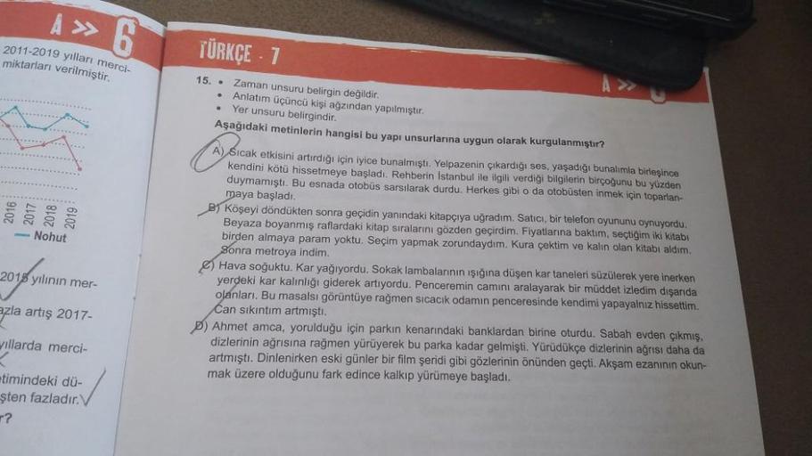 A » 6
2011-2019 yılları merci-
miktarları verilmiştir.
TÜRKÇE - 1
.
- Nohut
15.
Zaman unsuru belirgin değildir.
Anlatım üçüncü kişi ağzından yapılmıştır.
Yer unsuru belirgindir.
Aşağıdaki metinlerin hangisi bu yapı unsurlarına uygun olarak kurgulanmıştır?
