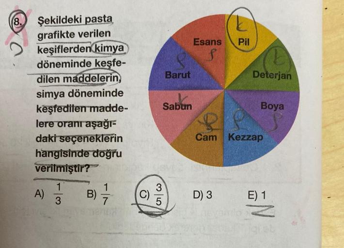 -
8.
Pil
Esans
s
Barut
Deterjan
Şekildeki pasta
grafikte verilen
keşiflerden kimya
döneminde keşfe-
dilen maddelerin,
simya döneminde
keşfedilen madde-
lere oranraşağı-
daki seçeneklerin
hangisinde doğru
verilmiştir?
1
1
B)
3
7
Sabun
Boya
Cam Kezzap
A)
C)