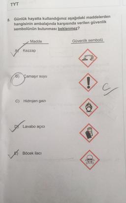 TYT
8. Günlük hayatta kullandığımız aşağıdaki maddelerden
hangisinin ambalajında karşısında verilen güvenlik
sembolünün bulunması beklenmez?
Madde
Güvenlik sembolü
AY Kezzap
B) Çamaşır suyu
!
C) Hidrojen gazı
DI Lavabo açıcı
Böcek ilacı
son
