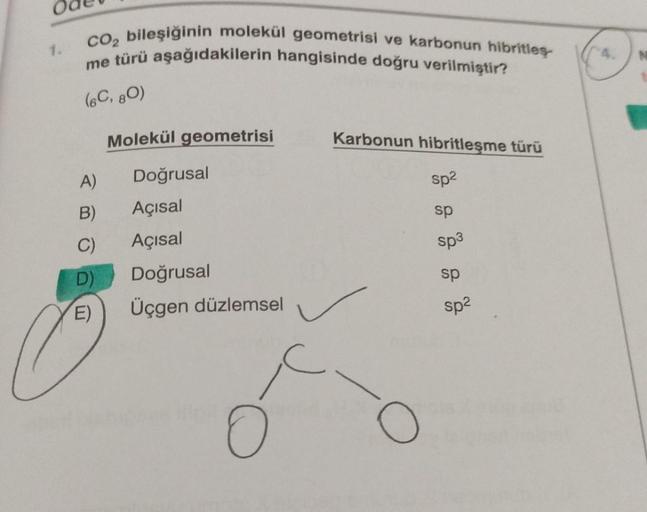 1.
CO2 bileşiğinin molekül geometrisi ve karbonun hibrities
me türü aşağıdakilerin hangisinde doğru verilmiştir?
N
(6C, 80)
Molekül geometrisi
Karbonun hibritleşme türü
A)
sp2
B)
sp
C)
Doğrusal
Açısal
Açısal
Doğrusal
Üçgen düzlemsel
sp3
D)
sp
E)
sp2
O
O