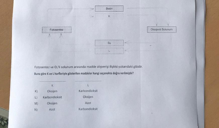 Besin
K
Fotosentez
Oksijenli Solunum
Su
L
Fotosentez ve Oz'li solunum arasında madde alışverişi ilişkisi yukarıdaki gibidir.
Buna göre k ve L harfleriyle gösterilen maddeler hangi seçenekte doğru verilmiştir?
K
L
Oksijen
Karbondioksit
L)
Karbondioksit
Oksi