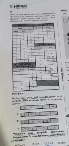 bizoombi
2oom
20.
19.
Bilinen ilk Türk alfabesi olan Orhun alfabesinde 38
harf bulunur. Bu alfabeyle oluşturulan yazılar Latin
alfabesinin aksine sağdan sola okunur. Orhun
alfabesinin bazı özellikleri aşağıda verilmiştir.
UNSÜZLER
Orhun
Latin
Kalın Ince
S