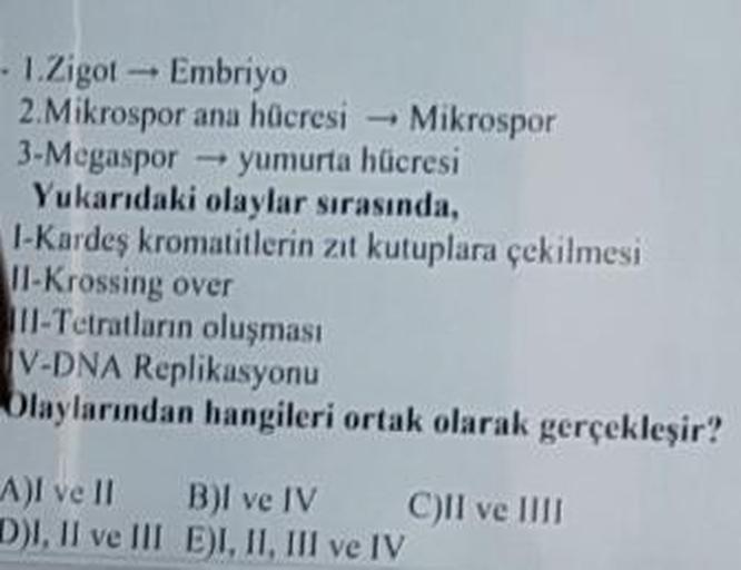 - 1.Zigot - Embriyo
2. Mikrospor ana hücresi - Mikrospor
3-Megaspor - yumurta hücresi
Yukarıdaki olaylar sırasında,
I-Kardes kromatitlerin zıt kutuplara çekilmesi
Il-Krossing over
IT-Tetratların oluşması
V-DNA Replikasyonu
Olaylarından hangileri ortak olar