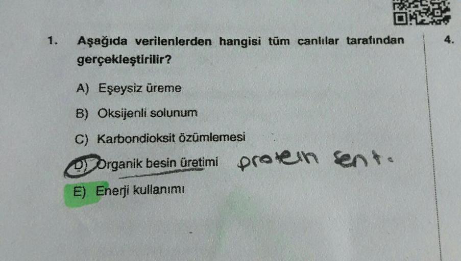 1.
DH
Aşağıda verilenlerden hangisi tüm canlılar tarafından
gerçekleştirilir?
A) Eşeysiz üreme
B) Oksijenli solunum
C) Karbondioksit özümlemesi
U organik besin üretimi protein sente
E) Enerji kullanımı
