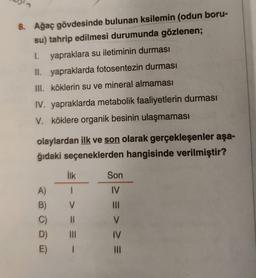 8. Ağaç gövdesinde bulunan ksilemin (odun boru-
su) tahrip edilmesi durumunda gözlenen;
I. yapraklara su iletiminin durması
II. yapraklarda fotosentezin durması
1
III. köklerin su ve mineral almaması
IV. yapraklarda metabolik faaliyetlerin durması
V. köklere organik besinin ulaşmaması
olaylardan ilk ve son olarak gerçekleşenler aşa-
ğıdaki seçeneklerden hangisinde verilmiştir?
İlk
Son
1
IV
III
A)
B)
C)
D)
E)
V
II
V
IV
III
