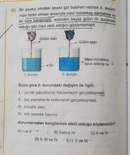 32. Bir çiçekçi elindeki beyaz gül bulunan vazoya (I. durum)
mavi renkli olması amacıyla mavi mürekkep damlatmış ve
bir süre beklemistir, ardından beyaz gülün (II. durumda)
olduğu gibi mavi renk aldığını gözlemlemiştir.
Gülün sapi
Gülün sapi
Mavi mürekkep
ilave edilmiş su
Su
I. durum
II. durum
Buna göre II. durumdaki değişim ile ilgili;
I. çanak yapraklarda fotosentezin gerçekleşmesi,
II. taç yapraklarda terlemenin gerçekleşmesi,
III. kılcallık olayı,
IV. kök osmotik basıncı
durumlarından hangilerinin etkili olduğu söylenebilir?
A) I ve II
C) II ve III
B) Yalnız IV
D) II, III ve IV E) I, II ve III