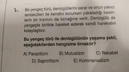 7.
Bir yengeç türü, denizgüllerini sarar ve onun yakıcı
tentakülleri ile kendini korurken yakaladığı besin-
lerin bir kısmını da konağına verir. Denizgülü de
yengeçle birlikte hareket ederek kendi hareketini
kolaylaştırır.
Bu yengeç türü ile denizgülünün yaşama şekli,
aşağıdakilerden hangisine örnektir?
A) Parazitizm B) Mutualizm C) Rekabet
D) Saprofitizm E) Kommensalizm
