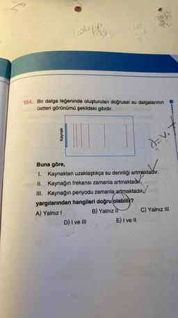 -S
72
lola
4
un
154. Bir dalga leğeninde oluşturulan doğrusal su dalgalarının
üstten görünümü şekildeki gibidir.
Kaynak
davo
Buna göre,
1. Kaynaktan uzaklaştıkça su derinliği artmaktadır.
II. Kaynağın frekansı zamanla artmaktadır.
III. Kaynağın periyodu zamanla artmaktadır
yargılarından hangileri doğru olabili?
A) Yalnız!
B) Yalnız It C) Yalnız III
D) I ve III
E) I ve II
