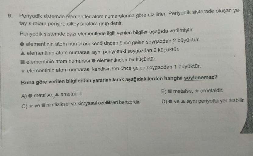 9. Periyodik sistemde elementler atom numaralarına göre dizilirler. Periyodik sistemde oluşan ya-
tay sıralara periyot, dikey sıralara grup denir.
Periyodik sistemde bazı elementlerle ilgili verilen bilgiler aşağıda verilmiştir.
elementinin atom numarası k