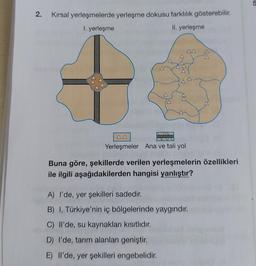 2.
Kırsal yerleşmelerde yerleşme dokusu farklılık gösterebilir.
I. yerleşme
II. yerleşme
AA
AA
Yerleşmeler Ana ve tali yol
Buna göre, şekillerde verilen yerleşmelerin özellikleri
ile ilgili aşağıdakilerden hangisi yanlıştır?
A) I'de, yer şekilleri sadedir.