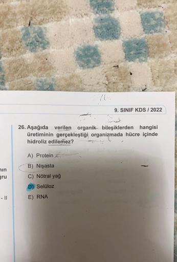 9. SINIF KDS / 2022
26. Aşağıda verilen organik bileşiklerden hangisi
üretiminin gerçekleştiği organizmada hücre içinde
hidroliz edilemez?
A) Protein
B) Nişasta
I
nin
gru
C) Nötral yağ
D) Selüloz
- 11
E) RNA
