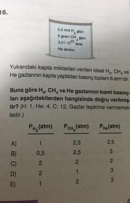 16.
0,2 mol H, gazi
gram CH gazi
3.01.10 tane
8
4
23
He atomu
Yukarıdaki kapta miktarları verilen ideal H, CH, ve
He gazlarının kapta yaptıkları basınç toplam 6 atm'dir.
Buna göre H2, CH, ve He gazlarının kısmi basınç-
ları aşağıdakilerden hangisinde doğru verilmiş,
tir? (H: 1, He: 4, C: 12, Gazlar tepkime vermemek-
tedir.)
PHe(atm)
PH, (atm)
PcH, (atm)
A)
1
2,5
2,5
2,5
3
B)
0,5
2
C)
2
2
3
D)
- NN
2
1
2
3
1
E)