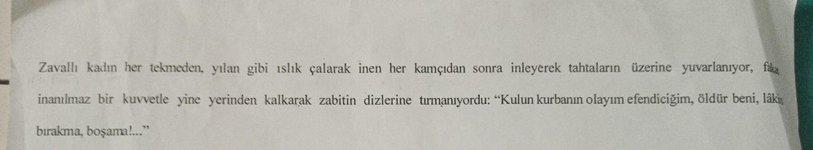 Zavallı kadın her tekmeden, yılan gibi islık çalarak inen her kamçıdan sonra inleyerek tahtaların üzerine yuvarlanıyor, faka
inanılmaz bir kuvvetle yine yerinden kalkarak zabitin dizlerine tırmanıyordu: “Kulun kurbanın olayım efendiciğim, öldür beni, lâkin