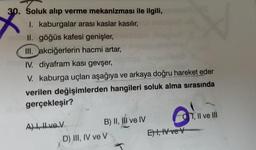 30. Soluk alıp verme mekanizması ile ilgili,
I. kaburgalar arası kaslar kasılır,
II. göğüs kafesi genişler,
III. Jakciğerlerin hacmi artar,
IV. diyafram kası gevşer,
V. kaburga uçları aşağıya ve arkaya doğru hareket eder
verilen değişimlerden hangileri soluk alma sırasında
gerçekleşir?
a
A) LHVE. V
B) II, III ve IV
OT, II ve III
D) III, IV ve V
E) t, 1 ve v
