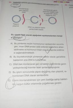34. Asadidaki şekilde gen. klonlamasının bazasamalan goste
rilmiştir.
36. Aşa
göste
Klonlanacak
geni taşıyan
DNA
Klonlanacak genin
plazmite bağlanması
ile plazmitin yapısı
değişmiş olur.
S
-ch-
Taşıyıcı
plazmit
DNA ve plazmit belirli
yerlerinden kesilir.
Bu olayla ilgili olarak aşağıdaki açıklamalardan hangi-
si yanlıştır?
A) Bu yöntemle insülin hormonunun sentezinden sorumlu
gen, insan DNA'sından izole edilerek bakterilere aktarı-
labilmekte ve hormonun insan vüqudu dışında üretilme-
si sağlanabilmektedir.
B) Bu biyotekonolojik yöntemde vektör olarak genellikle
bakterinin ana DNA'sı kullanılmaz.
C) DNA'daki klonlanacak gen ve bakteri plazmitinde genin
yerleştirileceği kısımlar lazer ışınlarıyla ayrıştırılır.
D) Bu işlem sonucunda yapısı değişmiş olan plazmit, re-
kombinant DNA olarak isimlendirilir.
E) Genin klonlanabilmesi için yeni özelliğe sahip bakteri-
nih, uygun kültür ortamında çoğaltılması gerekir.