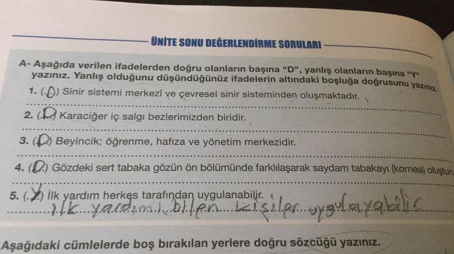 ÜNİTE SONU DEĞERLENDİRME SORULARI
A- Aşağıda verilen ifadelerden doğru olanların başına "D", yanlış olanların başına "y
yazınız. Yanlış olduğunu düşündüğünüz ifadelerin altındaki boşluğa doğrusunu yazınız.
1. (-) Sinir sistemi merkezi ve çevresel sinir sis