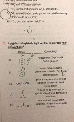 C
B) BH, ve CH, apolar yapıdır.
C) NH, ün VSEPR gösterimi AX,E şeklindedir.
D) OF, molekülünün Lewis yapısında ortaklanmamış
elektron çifti sayısı 2'dir.
E) CCI, deki bağ açıları 109,5° dir.
F
25. Aşağıdaki bileşiklerle ilgili verilen bilgilerden han-
gisi