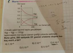 ME HIZLARI
Soru
Mol sayısı
-0,24 -0,1 ton xy
0,5
0,4
0,3
X(g)
XY(g)
0,2
I
xie
sou
Tous
0,1
Y(g)
Zaman (sn)
0
200
2 litrelik sabit hacimli kapta gerçekleşen
X(g) + Y(g) XY(g)
tepkimesinin mol sayisi-zaman grafiği yukarıda verilmiştir.
Buna göre, 200 saniyede XY gazının ortalama oluşma hizi
kaç mol/L.s'dir?
A) 1.10-4
B) 2.10-4
C) 5.10-4
D) 5.10-3
E) 5.10-5