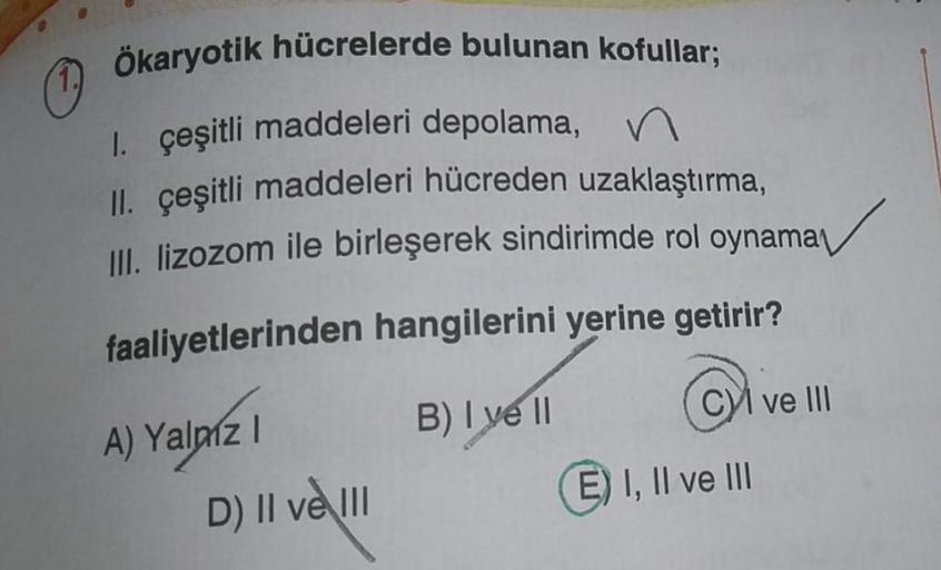 ökaryotik hücrelerde bulunan kofullar;
1. çeşitli maddeleri depolama, n
II
. çeşitli maddeleri hücreden uzaklaştırma,
III. lizozom ile birleşerek sindirimde rol oynama
faaliyetlerinden hangilerini yerine getirir?
A) Yalniz ! B) I ve II CA
ve III
D) II ve I