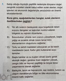 7.
Sahip olduğu biyolojik çeşitlilik nedeniyle dünyanın doğal
zenginlik müzeleri olarak kabul edilen sulak alanlar; doğal
işlevleri ve ekonomik değerleriyle yeryüzünün en önemli
ekosistemleridir.
Buna göre, aşağıdakilerden hangisi, sulak alanların
özellikl
