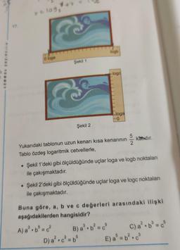 109,
logb
O loge
Şekil 1
Hogd
E
Lloga
-0
Şekil 2
25/
kandır.
2
Yukarıdaki tablonun uzun kenarı kısa kenarının
Tablo özdeş logaritmik cetvellerle,
Şekil 1'deki gibi ölçüldüğünde uçlar loga ve logb noktalan
ile çakışmaktadır.
• Şekil 2'deki gibi ölçüldüğünde uçlar loga ve logc noktaları
ile çakışmaktadır.
5
Buna göre, a, b ve c değerleri arasındaki ilişki
aşağıdakilerden hangisidir?
A) a. bø=c?
B) a':b? = c) a.bº=
D) a.cº = b E) a = b.
5
5
2
3
2
3
C
a
