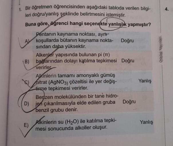 4.
Bir öğretmen öğrencisinden aşağıdaki tabloda verilen bilgi-
leri doğru/yanlış şeklinde belirtmesini istemiştir.
Buna göre, öğrenci hangi seçenekte yanlışlık yapmıştır?
arhiteli Mantan
Pentanın kaynama noktası, aynt
A koşullarda bütanın kaynama nokta- Do