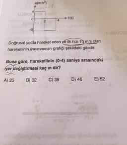 a(m/s2
4
0
t(s)
4
N
-9
--
Doğrusal yolda hareket eden ve ilk hızı 10 m/s olan
hareketlinin ivme-zaman grafiği şekildeki gibidir.
Buna göre, hareketlinin (0-4) saniye arasındaki
yer değiştirmesi kaç m dir?
A) 25
B) 32
C) 38
D) 46
E) 52